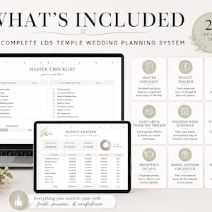 Pu&ograve; includere: Un sistema di pianificazione del matrimonio digitale visualizzato su un laptop e un tablet. L'immagine include liste di controllo, strumenti di monitoraggio del budget e altro. Il testo recita "What's Included" e "A Complete LDS Temple Wedding Planning System."
