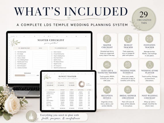 LDS Wedding Planner Spreadsheet | 29 Tabs Excel + Google Sheets | Temple Sealing, Reception & Open House | + Free Invitation Wording Guide