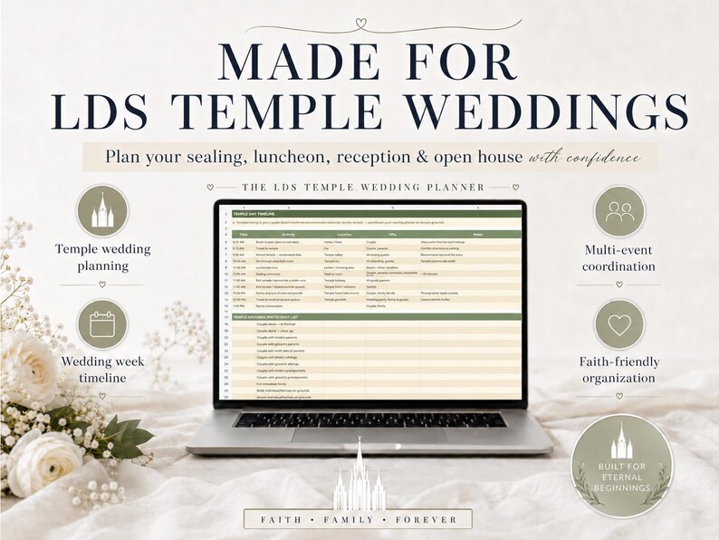 Pu&ograve; includere: Un laptop che mostra un foglio di calcolo per la pianificazione del matrimonio, con il testo "MADE FOR LDS TEMPLE WEDDINGS". L'immagine include icone per la pianificazione del matrimonio nel tempio, la sequenza temporale della settimana del matrimonio, il coordinamento di pi&ugrave; eventi e l'organizzazione religiosa. Sono visibili anche fiori bianchi e il testo "FAITH FAMILY FOREVER".