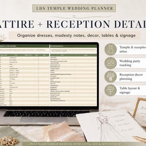 Pu&ograve; includere: Un laptop che mostra un modello di pianificatore di matrimoni con il testo "ATTIRE + RECEPTION DETAILS". L'immagine include un taccuino con uno schizzo di abito, un cartello di benvenuto ed elementi decorativi, ideale per la pianificazione del matrimonio.