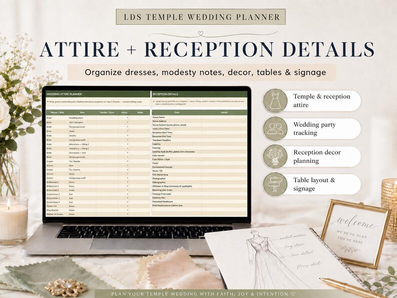 Pu&ograve; includere: Un laptop che mostra un modello di pianificatore di matrimoni con il testo "ATTIRE + RECEPTION DETAILS". L'immagine include un taccuino con uno schizzo di abito, un cartello di benvenuto ed elementi decorativi, ideale per la pianificazione del matrimonio.