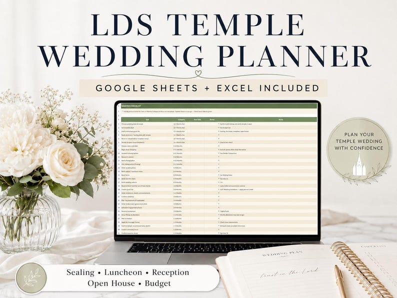 Pu&ograve; includere: Un laptop che mostra un foglio di calcolo per un wedding planner, con il testo "LDS TEMPLE WEDDING PLANNER". L'immagine include un bouquet di fiori bianchi, un taccuino e il testo "GOOGLE SHEETS + EXCEL INCLUDED."