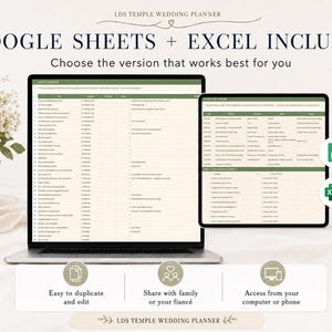 Pu&ograve; includere: Un laptop e un tablet mostrano un foglio di calcolo per un wedding planner. Il testo recita "GOOGLE SHEETS + EXCEL INCLUDED" e "Scegli la versione che funziona meglio per te". Le icone indicano facile modifica, condivisione e accesso da qualsiasi dispositivo.