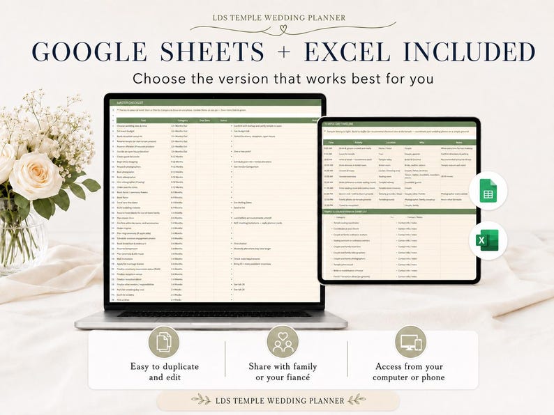 Pu&ograve; includere: Un laptop e un tablet mostrano un foglio di calcolo per un wedding planner. Il testo recita "GOOGLE SHEETS + EXCEL INCLUDED" e "Scegli la versione che funziona meglio per te". Le icone indicano facile modifica, condivisione e accesso da qualsiasi dispositivo.