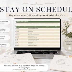 Pu&ograve; includere: Un laptop che mostra un programma della settimana del matrimonio, con un taccuino e un elenco di cose da fare nelle vicinanze. Il testo "Stay on Schedule" &egrave; in alto, con icone per la pianificazione della settimana del matrimonio, i promemoria del giorno del tempio, le scadenze e un conto alla rovescia.