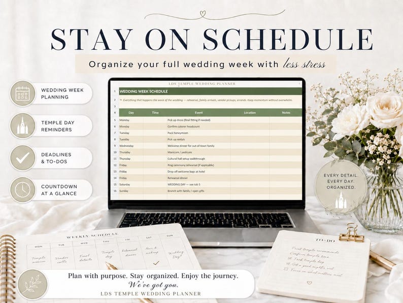 Pu&ograve; includere: Un laptop che mostra un programma della settimana del matrimonio, con un taccuino e un elenco di cose da fare nelle vicinanze. Il testo "Stay on Schedule" &egrave; in alto, con icone per la pianificazione della settimana del matrimonio, i promemoria del giorno del tempio, le scadenze e un conto alla rovescia.