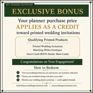Pu&ograve; includere: Una pubblicit&agrave; per MCC Wedding Invitations con il testo "BONUS ESCLUSIVO". Indica che il prezzo di acquisto del planner si applica come credito per gli inviti di nozze stampati. L'immagine elenca i prodotti idonei e le istruzioni.