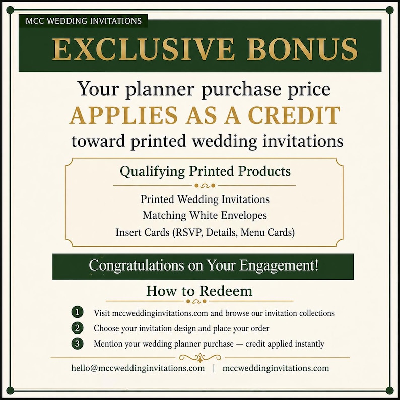 Pu&ograve; includere: Una pubblicit&agrave; per MCC Wedding Invitations con il testo "BONUS ESCLUSIVO". Indica che il prezzo di acquisto del planner si applica come credito per gli inviti di nozze stampati. L'immagine elenca i prodotti idonei e le istruzioni.
