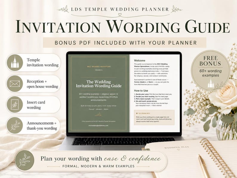 Pu&ograve; includere: Un laptop mostra una guida alla stesura delle partecipazioni di nozze, intitolata "INVITATION WORDING GUIDE". Lo schermo mostra la copertina della guida e il testo di benvenuto. Il testo aggiuntivo include "BONUS PDF INCLUDED WITH YOUR PLANNER" e "FREE BONUS 60+ wording examples."