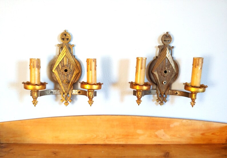 Art Deco Set of Brass Wall Sconces Etsy