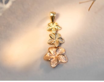 14k Tri-Color Gold Plumeria Flower Hawaiian Pendant