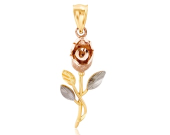 14k Real Gold Rose Pendant - Tri Colored Delicate Vintage Style Flower Charm -  Gift For Him or Her