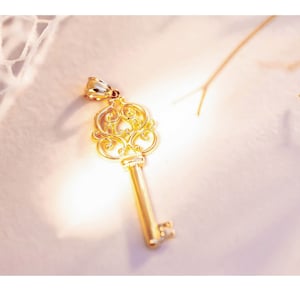 14k Solid Gold Key Pendant - Ornate Vintage Style Key Charm image 1