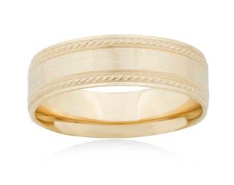 Personalized Wedding Band ~ 14K Yellow Gold ~ 6mm ~ Spiral Border Design ~ Wedding Ring for Men ~ Brushed Gold Ring ~ Solid 14K Gold