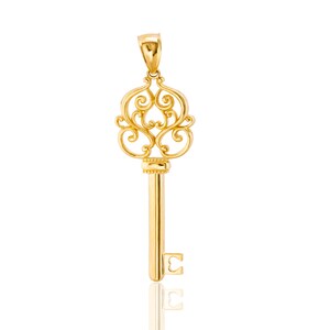 14k Solid Gold Key Pendant - Ornate Vintage Style Key Charm image 2