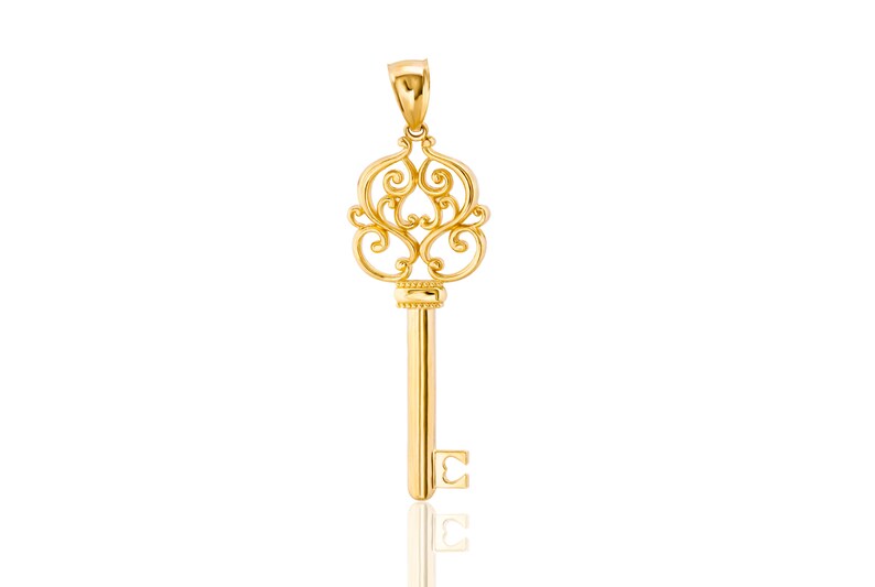 14k Solid Gold Key Pendant - Ornate Vintage Style Key Charm image 2