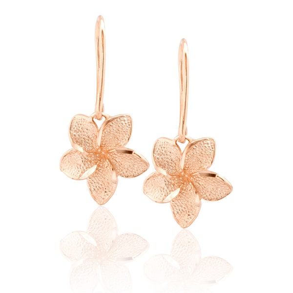 14k Rose Gold Dangling Flower Earrings- Hawaiian Plumeria Solid Gold Earrings