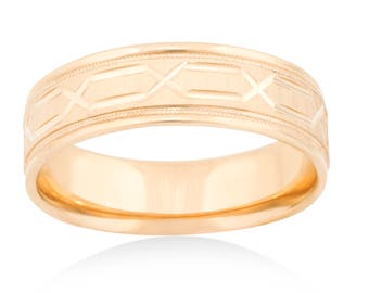 14K Solid Yellow Gold 7mm Aztec Design Wedding Band- Unique- For Men Women
