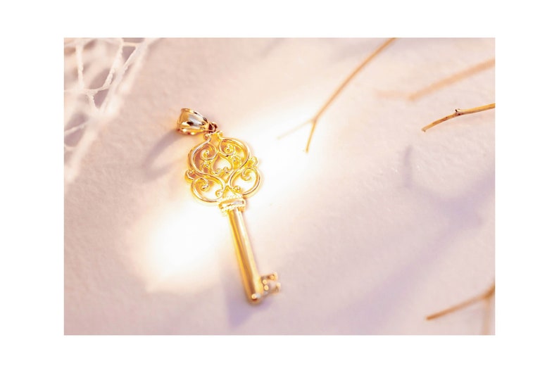 14k Solid Gold Key Pendant - Ornate Vintage Style Key Charm image 1