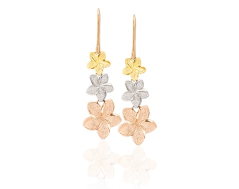 14k Tricolor Gold Plumeria Flower Hawaiian Earrings