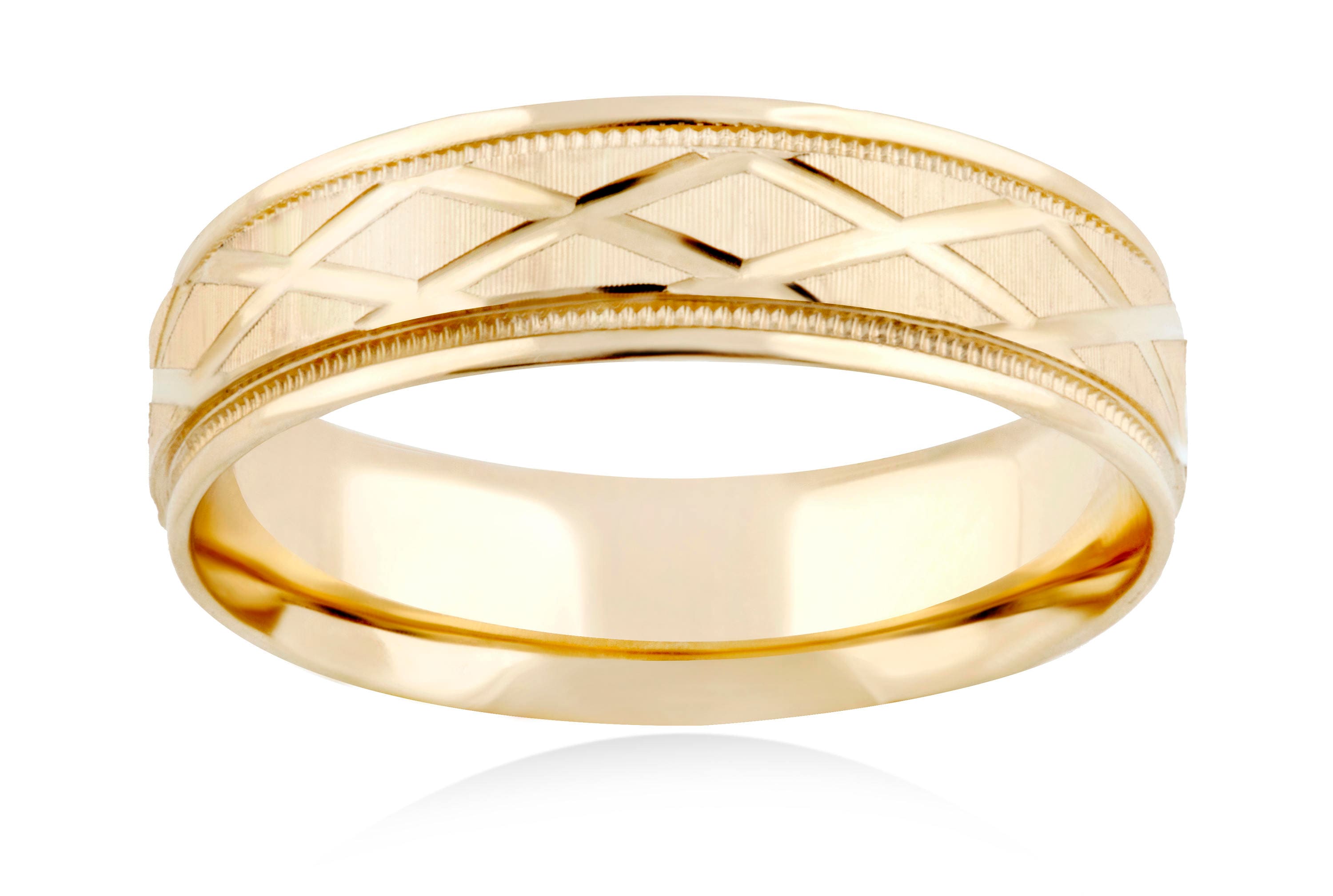 14K Solid Yellow Gold 6mm Wedding Band - Lattice/ Criss Cross Design Wedding Ring- Men Women- Unique