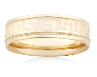 14K Solid Yellow Gold 6mm  Wedding Band - Greek Key/Aztec Design Engagement Ring -  Men Women - Unique