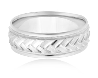 14K White Gold Woven Braided Wedding Band - 6mm Mens Ring