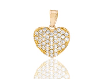 14k Solid Gold Dainty CZ Heart Pendant - Small Sparkling Heart Charm