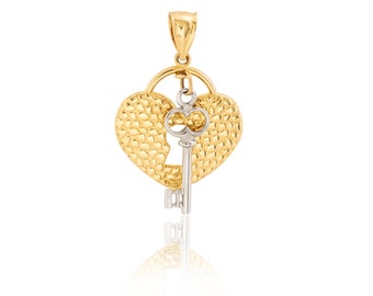 14k Heart Lock Pendant - Key to my Heart Necklace/Charm - Womens Friendship Gift - Solid Gold