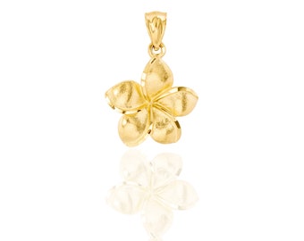 14k Hawaiian Flower Pendant - Solid Yellow Gold Plumeria Charm