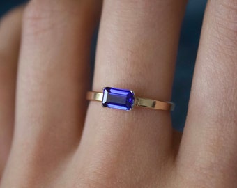 Sapphire Ring / Gold filled Emerald Cut mini cigar sapphire ring/ Mixed Metal / Sterling Silver sapphire ring / Lab Grown Sapphire Ring