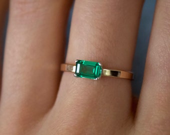 Emerald Ring / Gold filled Emerald Cut mini cigar Emerald ring/ Mixed Metal / Sterling Silver Emerald ring / Lab Grown Emerald gemstone