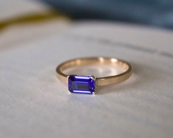 Sapphire Ring / Gold filled Emerald Cut mini cigar sapphire ring/ Mixed Metal / Sterling Silver sapphire ring / Lab Grown Sapphire Ring
