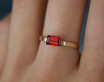 Garnet Ring / Gold filled Emerald Cut mini cigar Garnet ring/ Mixed Metal / Sterling Silver Garnet ring / January Birthstone