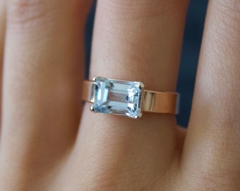 Blue Topaz Ring / Gold filled Emerald Cut cigar topaz ring/ Mixed Metal / Sterling Silver topaz ring/ November Birthstone / Minimalist Ring