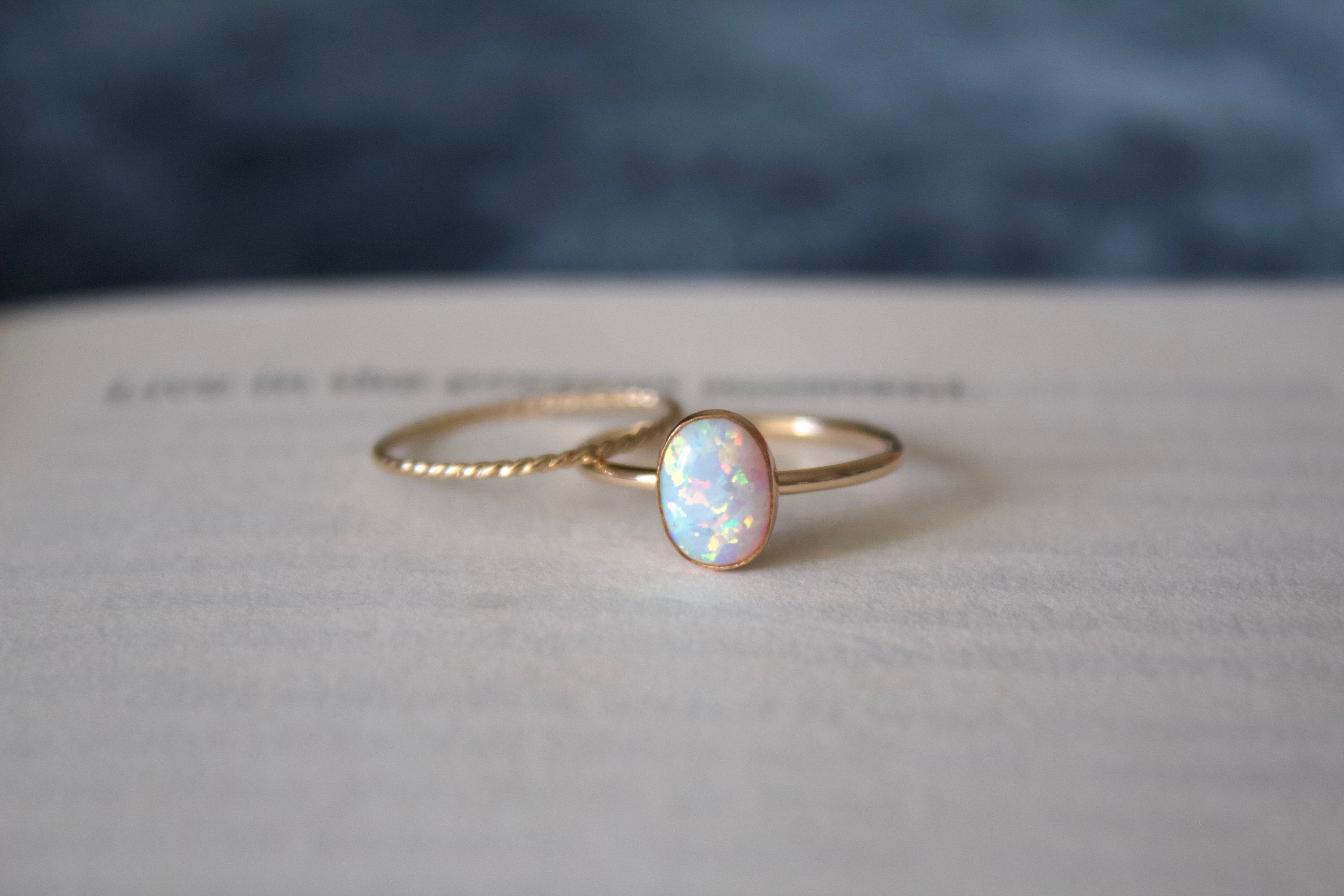 Opal Ring/ Kyocera White Opal Ring Set / Minimalist Jewelry/ 14k