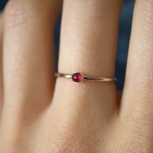 May include: A simple gold band ring with a small, round, dark red gemstone.
