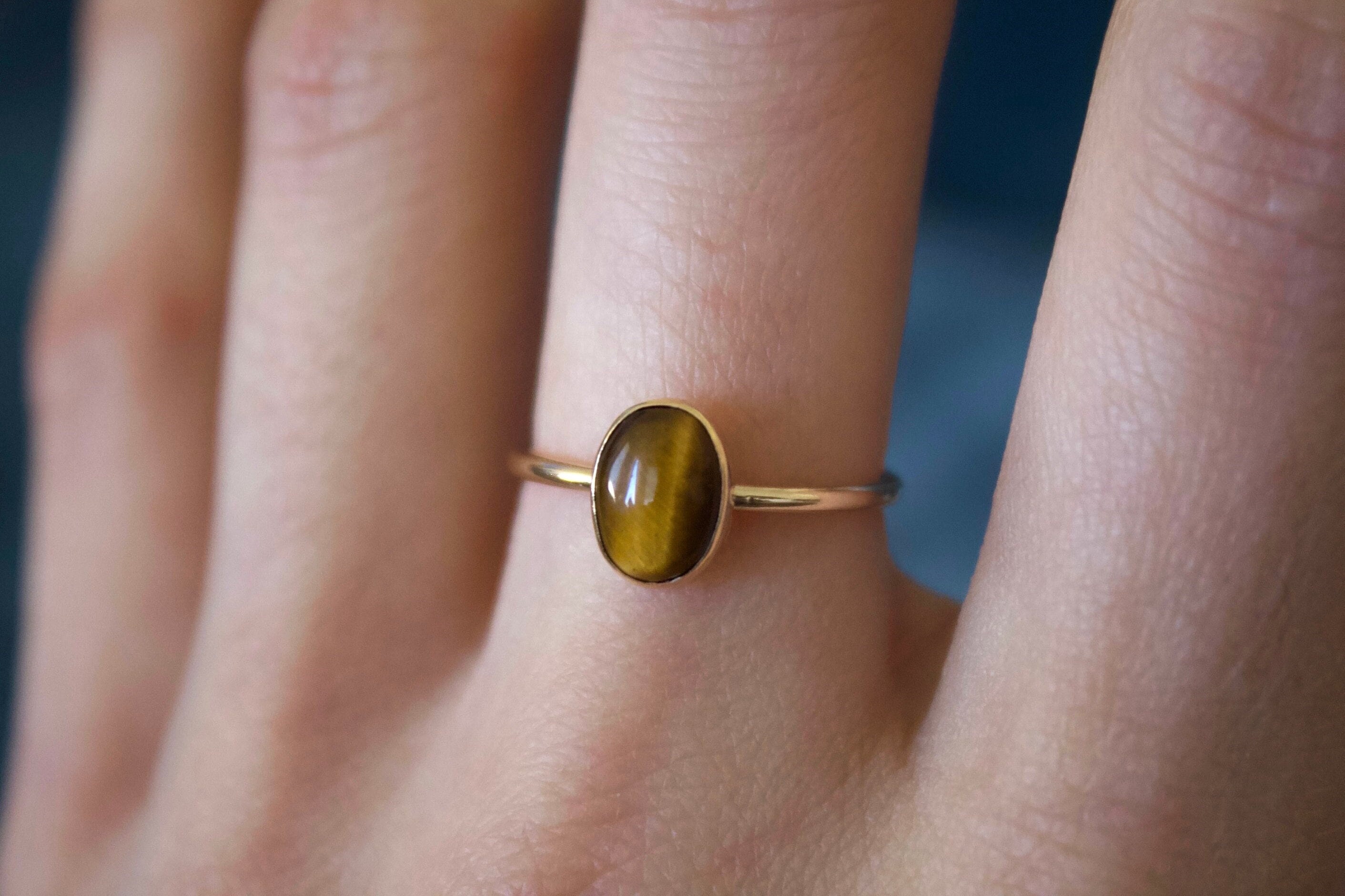 Tigers Eye Ring | MTO – sweetandsavvyshop Tiger\'s eye gold band wire wrapped minimalist handmade ring for stacking main image 1