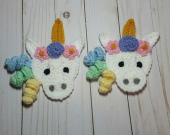 Unicorn Head Applique Set Crochet Unicorn Applique Premade Unicorn Applique Ready To Use Unicorn Applique Set of 2 Appliques