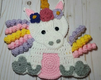 Unicorn Applique / Unicorn Applique With Pastel Rainbow Mane and Tail / Crochet Unicorn Applique / Pre-made Ready To Use Applique