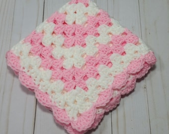 Baby Lovey Blanket / Light Pink and White Blanket / Toddler Security Blanket / Doll Blanket / Crochet Blanket / Birthday Gift / 15&quot; x 15&quot;