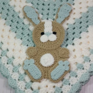 Tan Bunny With Pale Green and White Accents Baby Blanket / Throw Blanket / Lap Afghan / Baby Shower Gift / Woodland Animals / 33&quot; x 33&quot;