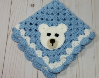 Baby Polar Bear Lovey Blanket / Light Blue and White Blanket / Toddler Security Blanket / Doll Blanket / Crochet Blanket / 15&quot; x 15&quot;
