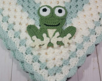 Frog Baby Blanket / Pale Green and White / Throw Blanket / Lap Afghan / Baby Shower Gift / Garden Friends / Amphibian / 33" x 33"