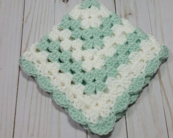 Baby Lovey Blanket / Light Green and White Blanket / Toddler Security Blanket / Doll Blanket / Crochet Blanket / Birthday Gift / 15&quot; x 15&quot;