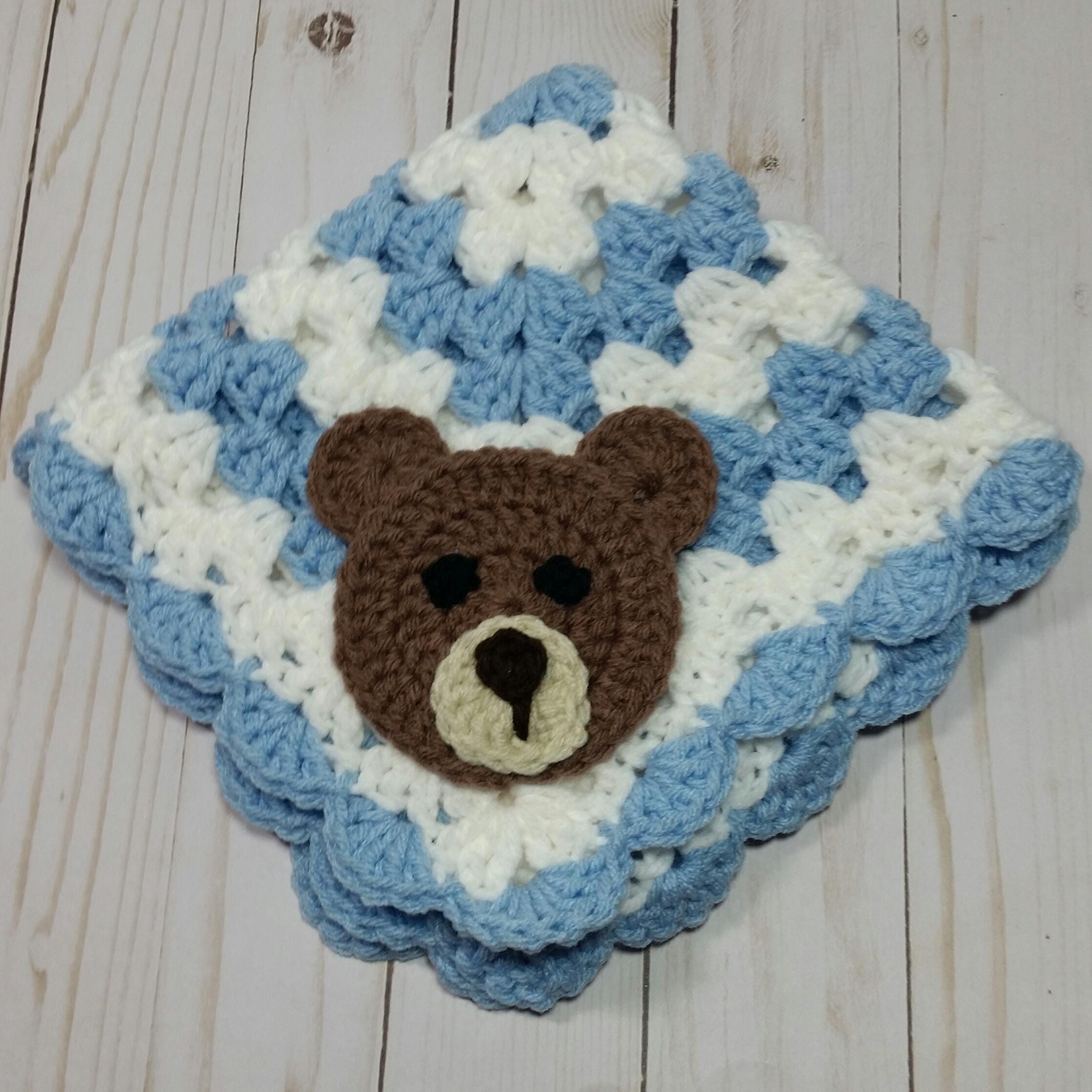 Baby Bear Lovey Blanket / Light Blue and White Blanket / Toddler Security Blanket / Doll Blanket / Crochet Blanket / 15" x 15"