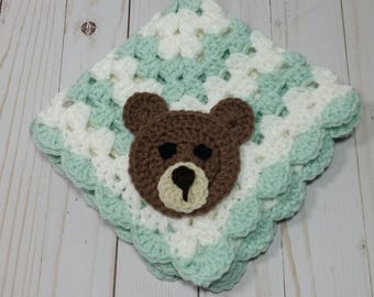 Baby Bear Lovey Blanket / Pale Green and White Blanket / Toddler Security Blanket / Doll Blanket / Crochet Blanket / 15&quot; x 15&quot;