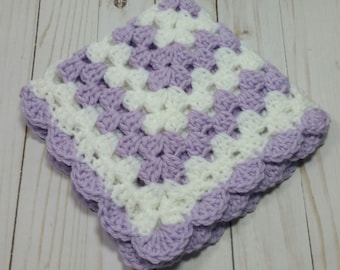 Baby Lovey Blanket / Light Purple and White Blanket / Toddler Security Blanket / Doll Blanket / Crochet Blanket / Birthday Gift / 15&quot; x 15&quot;