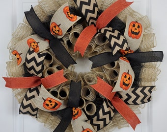 Jackolantern Themed Wreaths, Halloween Wreaths For Front Door, Halloween Door Decor, Spooky Pumpkin Wreath, Rustic Halloween Wreath