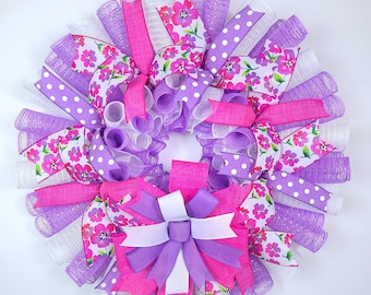Purple And Pink Door Wreath, Wreaths For Spring, Bright Summer Wreath, Springtime Decoration, Spring Summer Door Decor